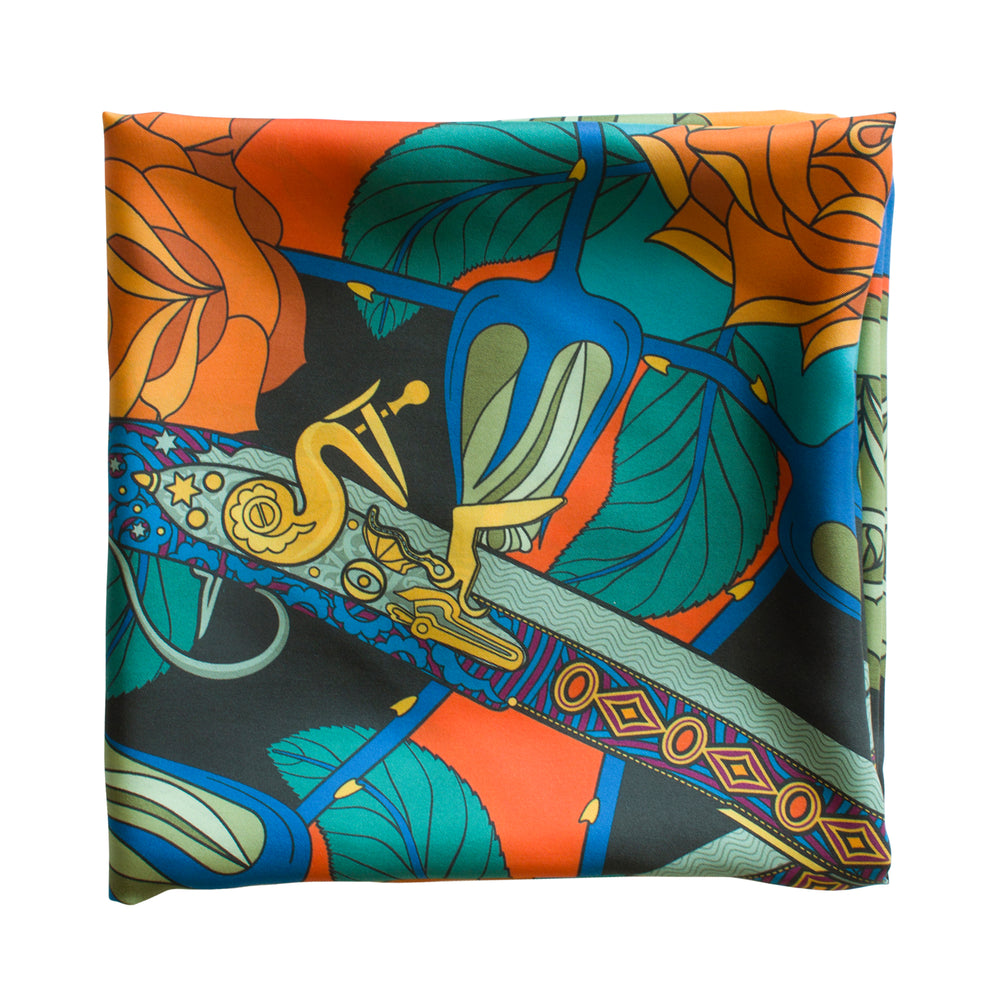 Guns and Roses, Paris Scarf, Ottoman Antique Flintlock, Designer Silk Scarves, Guns Floral Print, Foulard, Luxury Silk Scarf, Silk Square, Luxury Accessories Brand, British Fashion Brand, Made in England