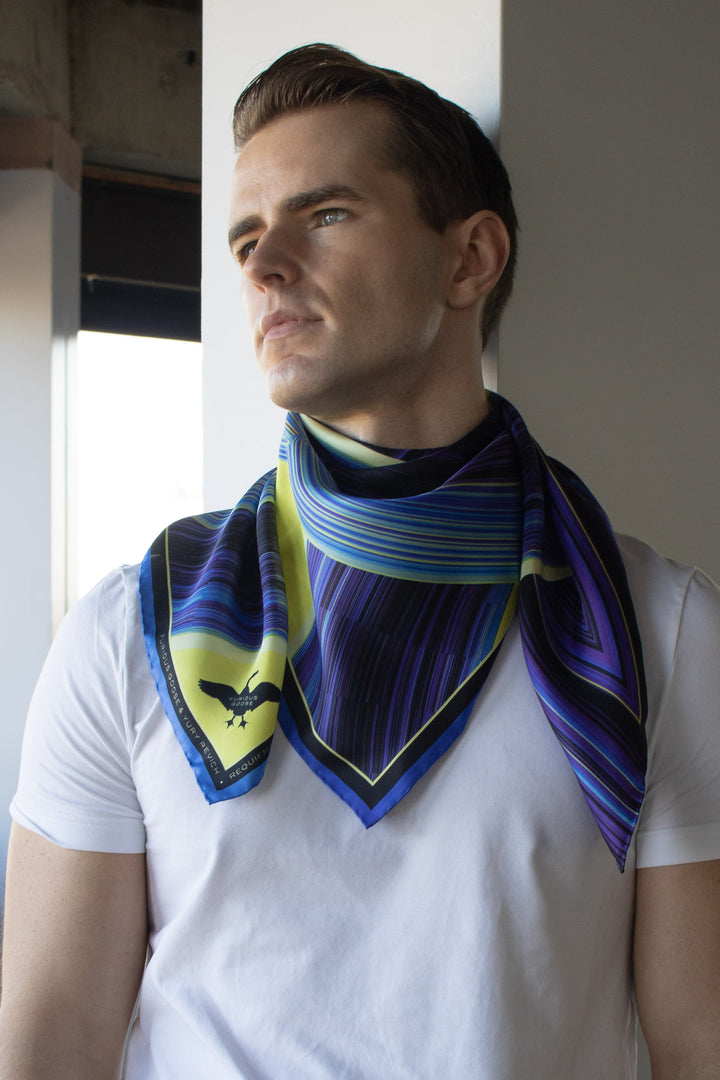 Blue and Yellow Silk Scarf, Luxury Scarves, Rolled Hem, Foulard, Data Visualisation, Wearable Art, Four Seasons