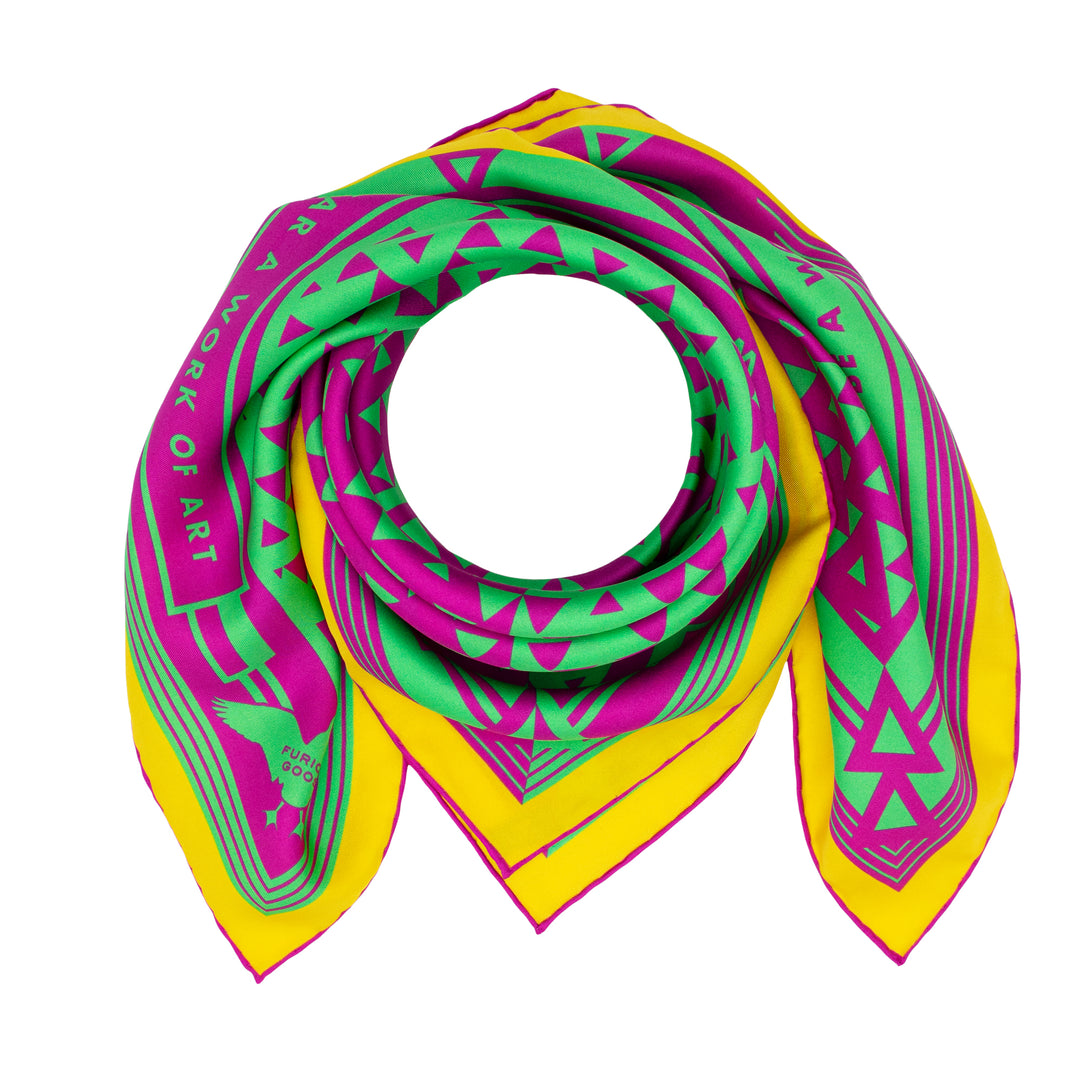 Colourful silk scarf featuring Oscar Wilde's Quotes, Geometric Design, Magenta, Green, Lemon Yellow,, Luxury Scarf, Designer, British Brand, London, UK