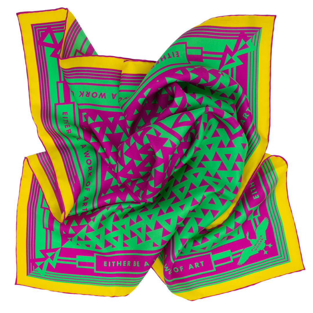 Colourful silk scarf featuring Oscar Wilde's Quotes, Geometric Design, Magenta, Green, Lemon Yellow,, Luxury Scarf, Designer, British Brand, London, UK