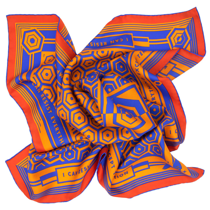 Bold orange and blue silk scarf, Luxury foulards, pure silk scarves, Oscar Wilde Quote, Made in UK, London England