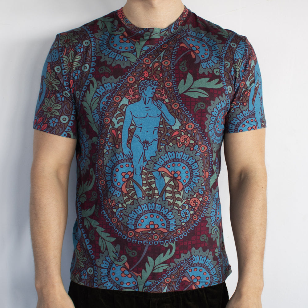 Paisley Print T-shirt with Michelango's David, Burgundy, Blue, Tencel, Sustainable Fashion, Made in UK, Psychedeluxe