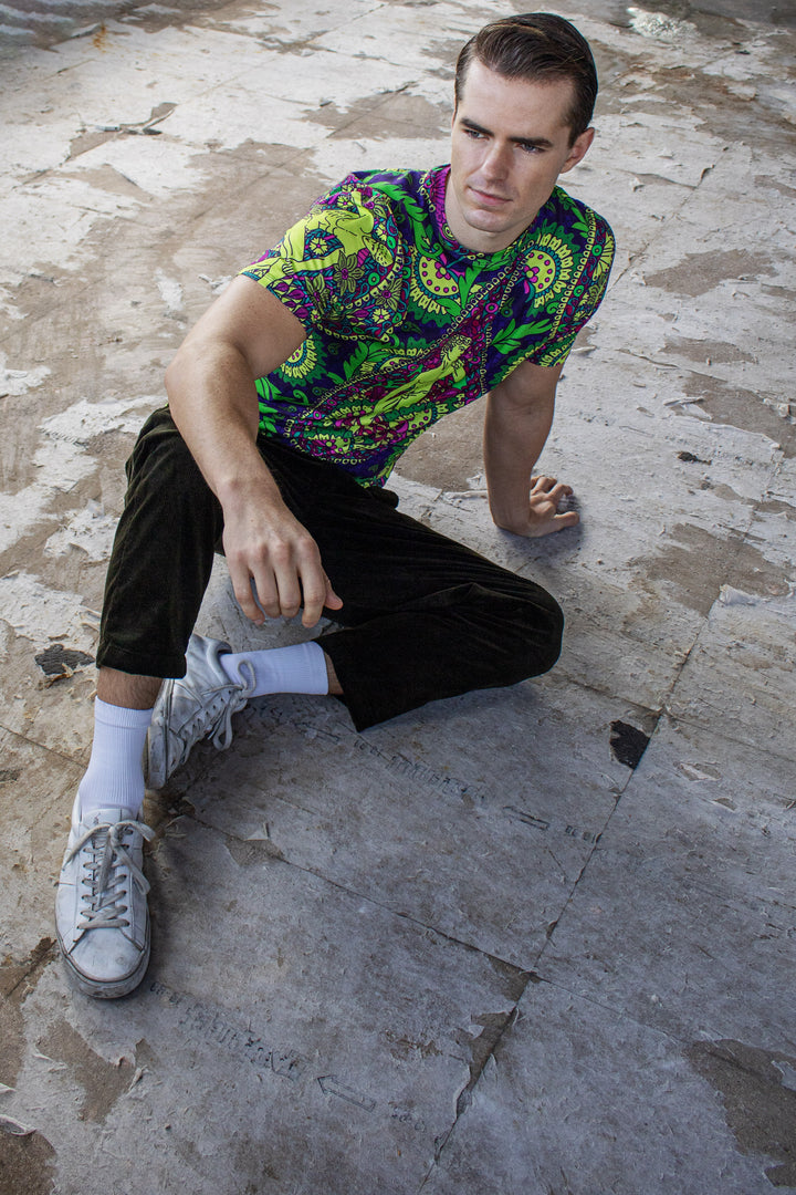 Acid lime rave paisley t-shirt with statue of David. Tencel sustainable fabric, made in the uk