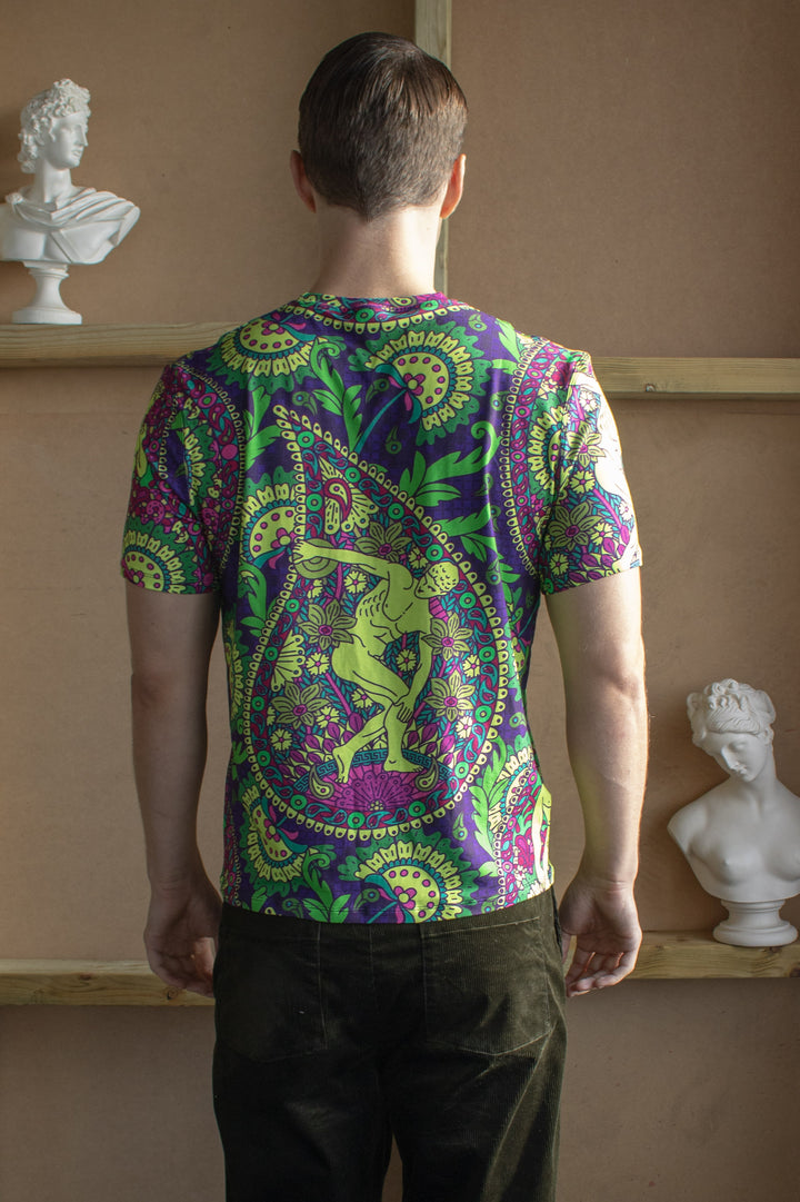 Acid lime rave paisley t-shirt with statue of David. Tencel sustainable fabric, made in the uk