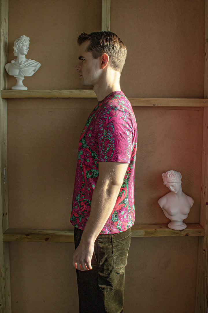 Pink and Jade Paisley Print T-Shirt, Tencel, Sustainable Tshirts, Venus, Neoclassical Print, Bold Style, Menswear